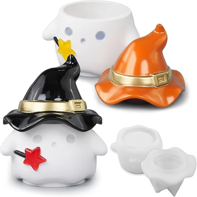 Ghost with Witch Hat Trinket Container Jar With Lid Mold - Image 3