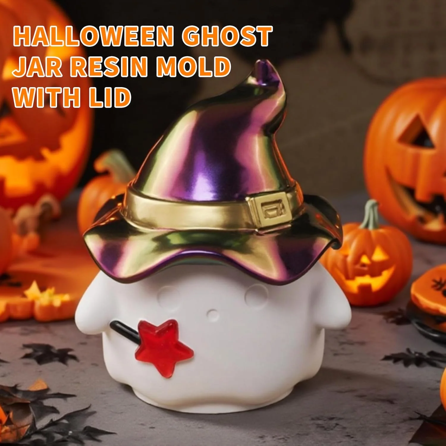 Ghost with Witch Hat Trinket Container Jar With Lid Mold - Image 4